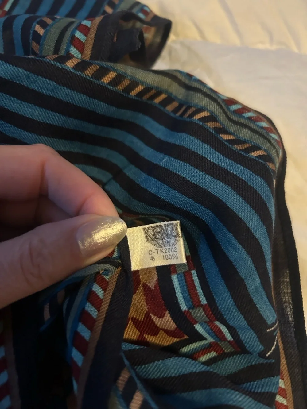 Kenzo Blue and Black Striped Geometric Silk Scarf
